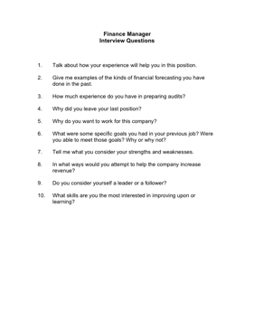 Finance Manager Interview Questions Business Form Template