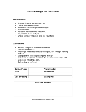 Finance Manager Job Description Business Form Template