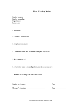 First Warning Notice Employee Behavior Business Form Template