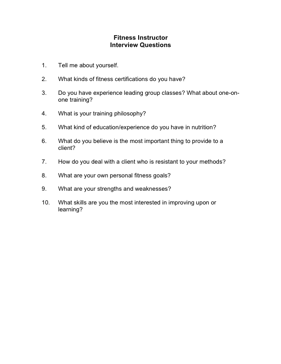 Fitness Instructor Interview Questions Business Form Template