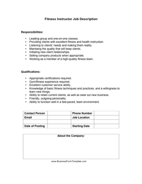 Fitness Instructor Job Description Business Form Template