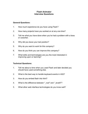 Flash Animator Interview Questions Business Form Template