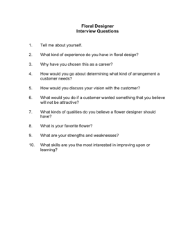 Floral Designer Interview Questions Business Form Template