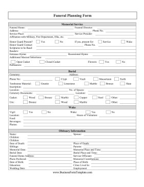 Funeral Planning Form Business Form Template