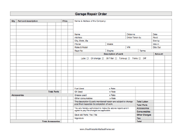 Garage Repair Order Business Form Template