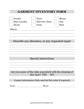 Garment Inventory Form Business Form Template