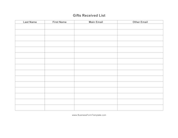 Gifts Received List Business Form Template