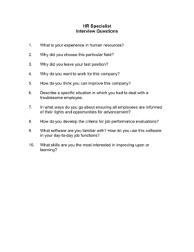 HR Specialist Interview Questions Business Form Template