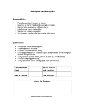 Hairstylist Job Description Business Form Template