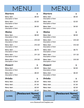 Half-Page Menu Business Form Template