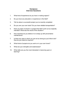 Handyman Interview Questions Business Form Template