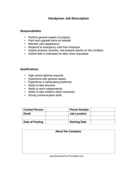 Handyman Job Description Business Form Template