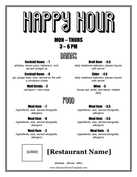 Happy Hour Menu Business Form Template