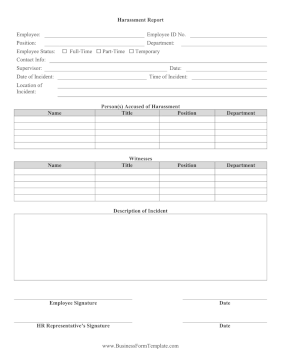 Harassment Report Form Business Form Template