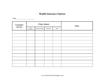 Health Insurance Comparison Chart Business Form Template