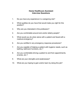 Home Healthcare Assistant Interview Questions Business Form Template