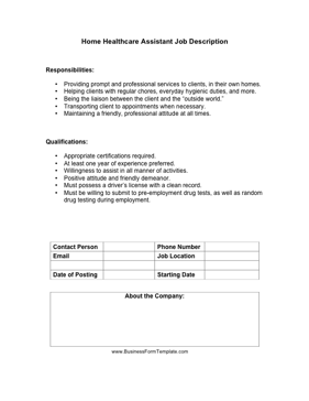 Home Healthcare Assistant Job Description Business Form Template