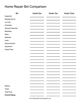 Home Repair Bid Comparison Business Form Template