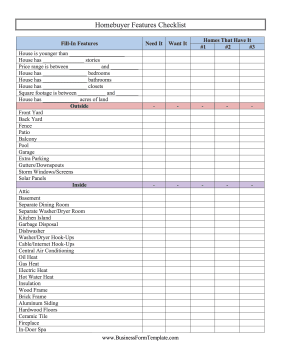 Homebuyer Features Checklist Business Form Template