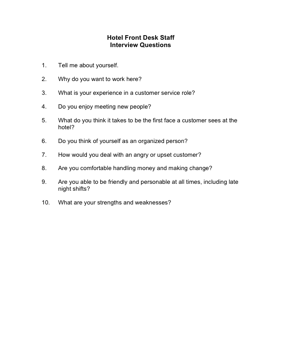 Hotel Front Desk Staff Interview Questions Business Form Template