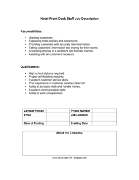 Hotel Front Desk Staff Job Description Business Form Template