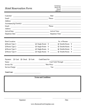 Hotel Reservation Form Business Form Template