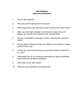 Housekeeper Interview Questions Business Form Template