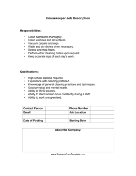 Housekeeper Job Description Business Form Template