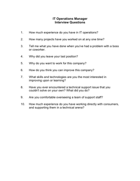 IT Operations Manager Interview Questions Business Form Template