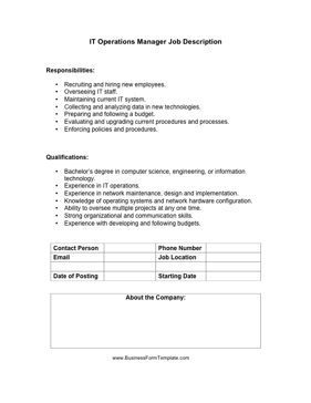 IT Operations Manager Job Description Business Form Template