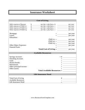 Insurance Worksheet Business Form Template