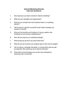 Internet Marketing Director Interview Questions Business Form Template