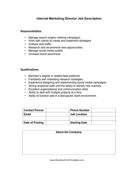 Internet Marketing Director Job Description Business Form Template