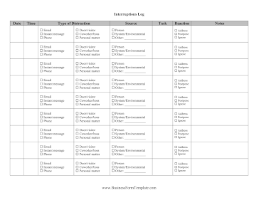 Interruptions Log Business Form Template