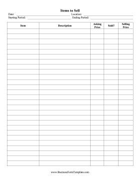 Items to Sell Business Form Template