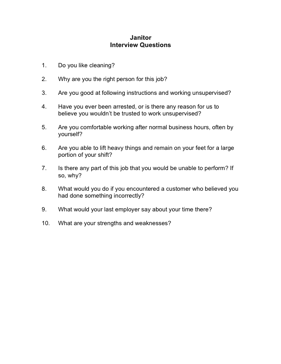 Janitor Interview Questions Business Form Template