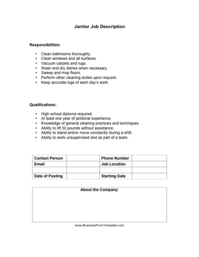Janitor Job Description Business Form Template