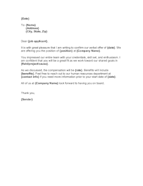 Job Letter Confirm Verbal Offer Business Form Template