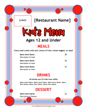 Kids Menu Business Form Template