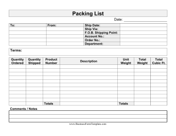 Large-Print Packing List Business Form Template