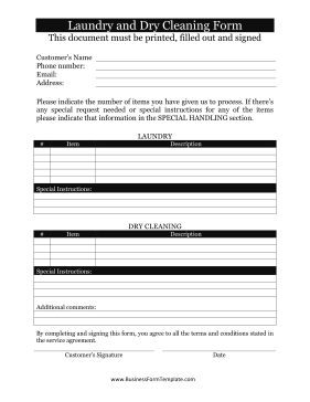 Laundry Dry Cleaning Form Business Form Template