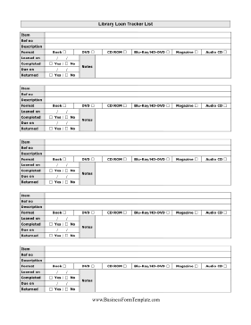 Library Loan List Business Form Template