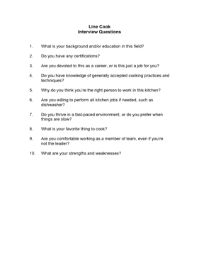 Line Cook Interview Questions Business Form Template