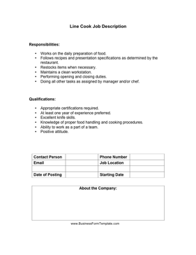 Line Cook Job Description Business Form Template
