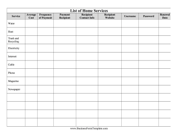 List of Home Services Business Form Template