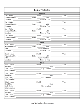 List of Vehicles Business Form Template