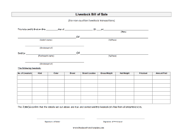 Livestock Bill Of Sale Business Form Template