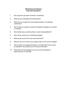 Marketing Coordinator Interview Questions Business Form Template