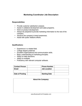Marketing Coordinator Job Description Business Form Template