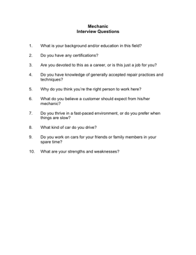 Mechanic Interview Questions Business Form Template